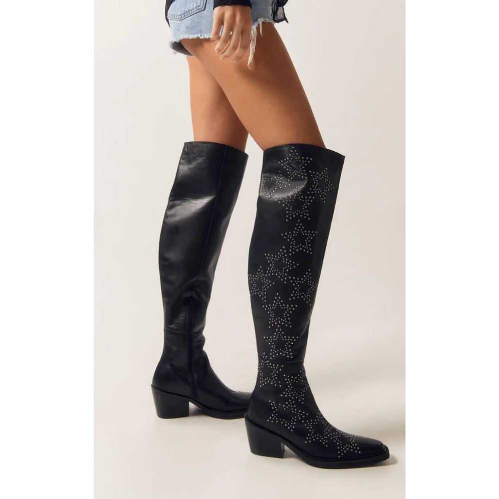 NEW NASTY GAL BLACK LEATHER STAR STUDDED OVER THE KNEE COWBOY BOOTS SZ 38 US 7 - Picture 4 of 8